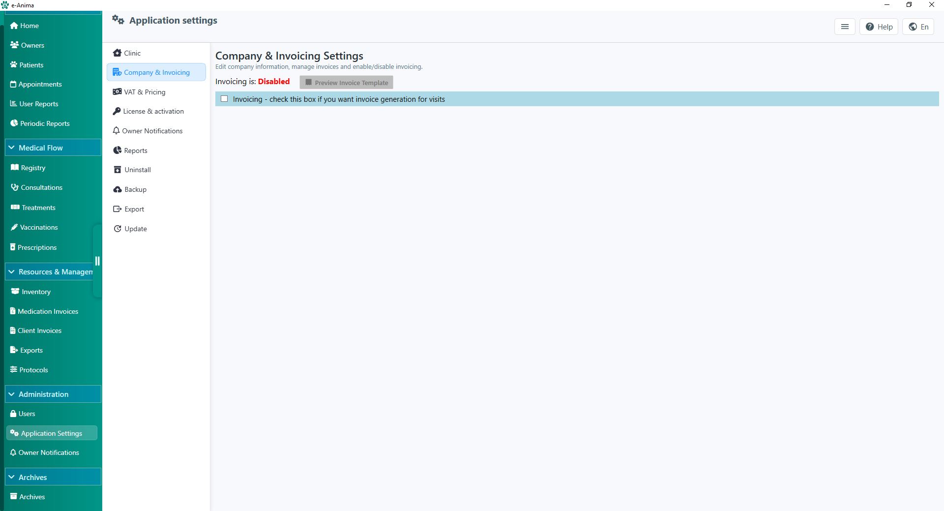 Screenshot showing the checkbox to enable Invoicing and activate the fiscal module in e-Anima