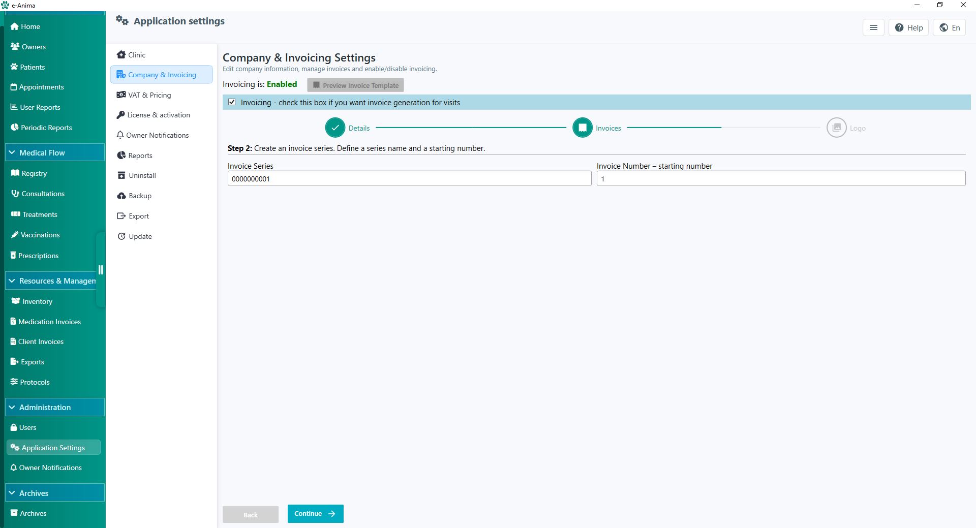 Screenshot of the Invoicing serial format editor and starting index synchronization field