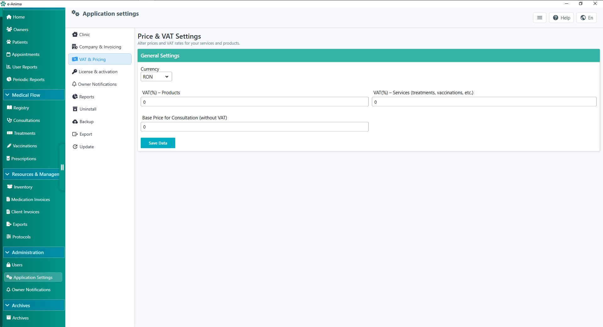 Screenshot of the VAT and Pricing dashboard showing global currency and consultation fee inputs